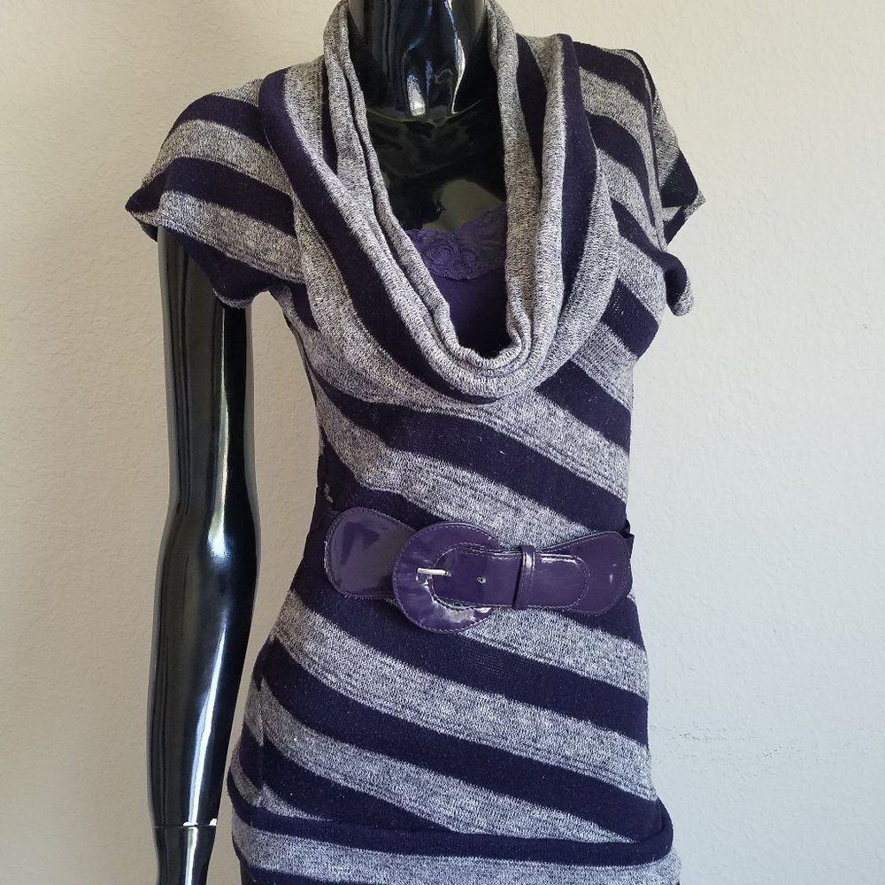 Purple and Grey Striped Belted Cowl Neck Sweater Shirt